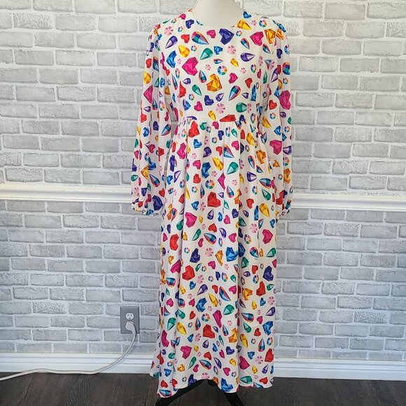 JulyLiebe Heart Gem Colorful Long Sleeve Long Dress Art to Wear Whimsical NEW M - Picture 1 of 13